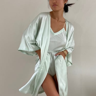 90s silk charmeuse teddy robe matching set / vintage pastel mint seafoam liquid silk  kimono robe teddy romper 2 piece lounge set | M 