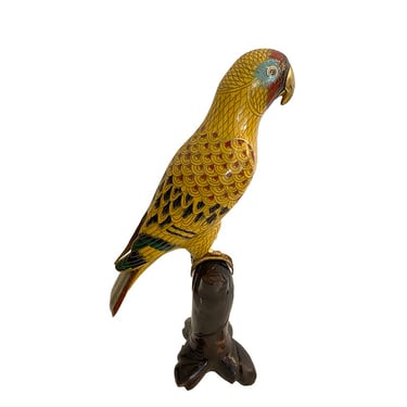Cloisonne parrot on wood stand