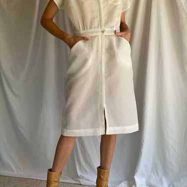 1950's Nurse Uniform Dress / Semi sheer Nylon / Summery White Dress / Nipped Waist Shirt Dress / Perfect Springtime Dress / Zip Front Dress 