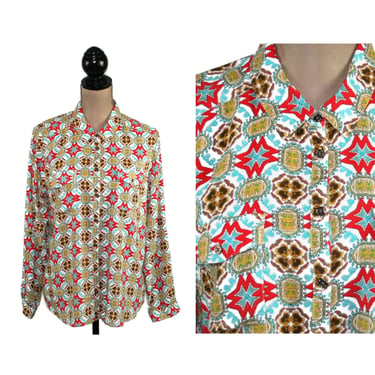 Y2K Collared Button Up Blouse | Rayon Long Sleeve Shirt Women | Southwestern Aztec Print Red and Turquoise | Loose Casual Tops 2000s Clothes 