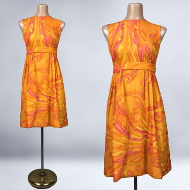 VINTAGE 60s Psychedelic Swirl Orange & Pink Chiffon Mini Party Dress | 1960s Empire Waist Short Watercolor Cocktail Dress | VFG 