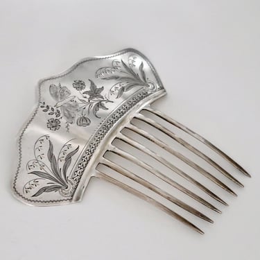 Antique Victorian Butterfly & Wild Flowers Sterling Hair Comb 
