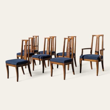 Mid Century Modern Drexel Triune Mahogany Cane Back Dining Chairs – Vintage MCM, Set of 8, Elegant Wood & Upholstered Seating 