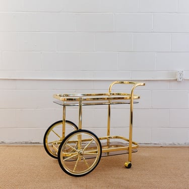 vintage 1970s french brass bar cart with smoky glass