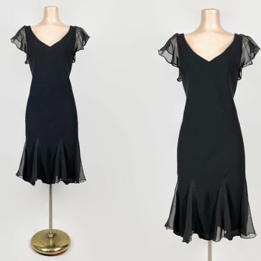 VINTAGE 90s does 30s Sheer Black Flutter Sleeve Dress | 1990s Fairy Hem Gatsby Cocktail Party Dress By Scarlett | vfg 
