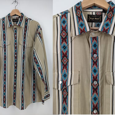 Vintage 90s Men's High Noon Southwestern Print Pearl Snap Long Sleeve Shirt - Men's Nineties Large Western Button Up Shirt 