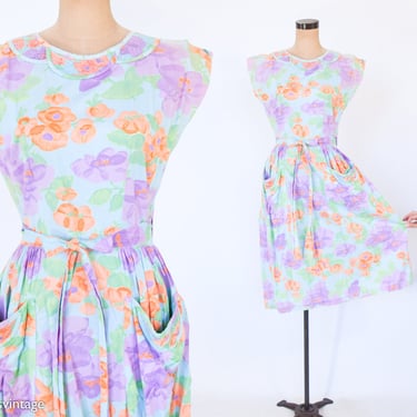 1950s Lavender Floral Cotton Dress | 50s Flowered Wrap Dress | Wrap Dress | Rockabilly | Medium 