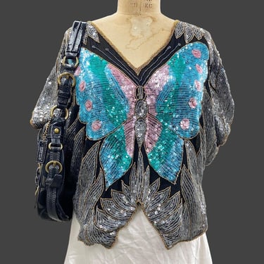 Vintage Sequin Butterfly Top 1980s Retro Size Medium + Disco Glam + The Vogue by Rockford + Pullover + Evening Wear + Womens Fashion + India 