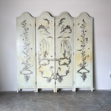 Vintage Chinoiserie Hand-Painted 4-Panels Screen 