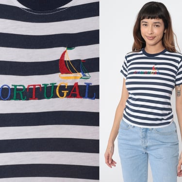 Striped Portugal Tee Shirt Y2K Ringer Tee Navy Blue White Nautical Embroidered Sailboat Short Sleeve 00s Baby Tee Vintage Extra Small xs 