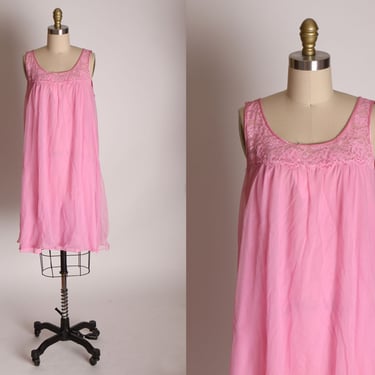 1960s Pink Nylon Double Layer Sleeveless Sheer Overlay Lace Detail Night Gown by Sears -M 