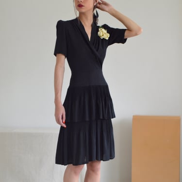 black 40s pleated tiered skirt little black dress 