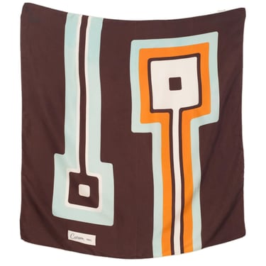Carven 1960s Mod Geometric Print Vintage Brown Silk Twill Scarf 