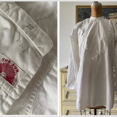 Antique Edwardian - 1920’s “The Sun” white cotton dress shirt | bib front smock top, gender neutral, men’s  M/L 