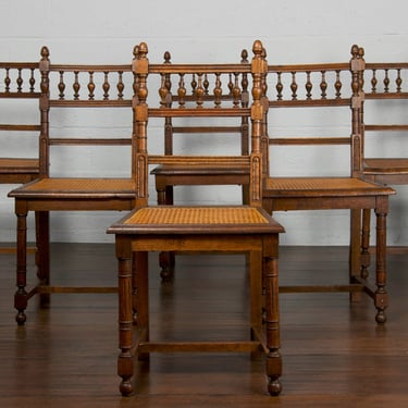 Antique French Renaissance Henry II Oak and Cane Dining Chairs - Set of 6 