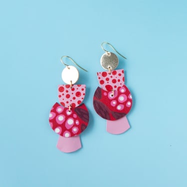 All Smiles Squiggle Earrings - Botanical Pattern + Spotted Red Pink Large Statement Leather Earrings 