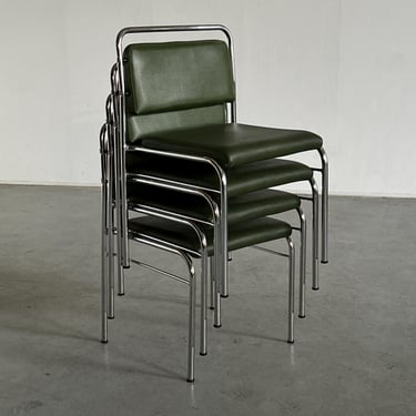 Set of 4 Vintage Mid-Century Modern Armchairs in Dark Green Faux Leather and Chromed Steel by Horst Heyder, Bauhaus Style, 1970s Germany 