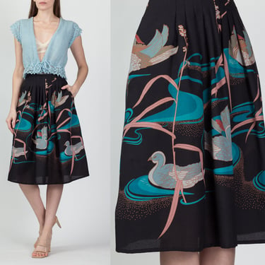 70s Boho Novelty Bird Print Midi Skirt - Small, 27" | Vintage Sheer Black A Line Skirt 