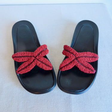 Vintage Size 39, 8.5US Robert Clergerie Red Beaded Starfish Sandal Slides Beach Resort Sandals Rubber Soles Made in France French Bead 