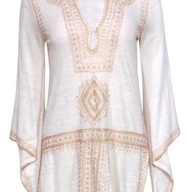 Calypso - Ivory Flared Sleeve Linen Tunic w/ Gold Embroidery Sz XS