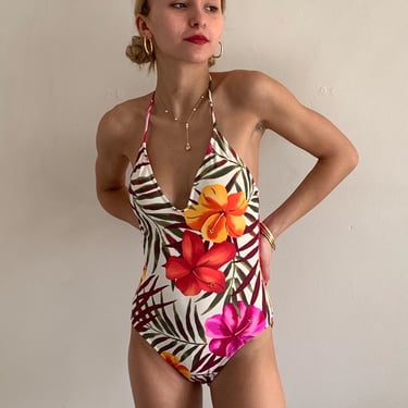 90s Oscar de la Renta swimsuit / vintage tropical floral plunging halter one piece maillot high cut leg swimsuit | Small 