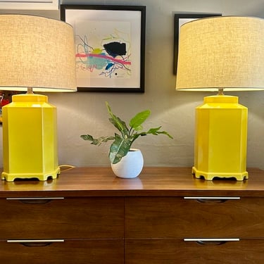 Pair of Large Yellow Ceramic Lamps
