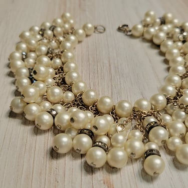 Vintage Bracelet Layered Faux Pearl and Rhinestones, Drunken Pearls, 8 inch 