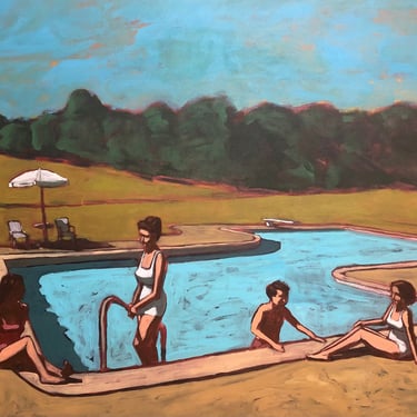Pool #73 - Original Acrylic Painting on Canvas 30 x 24, large, mid century modern, retro, swimming, woman, california, michael van, fine art 