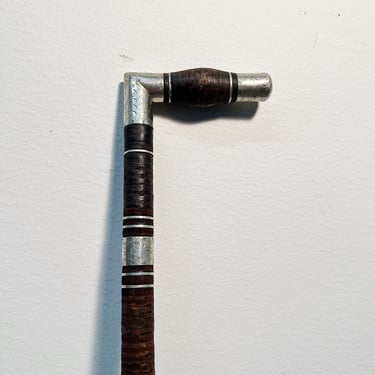 Antique Stacked Leather Cane with Nickel Plated Etching - 19th Century Walking Stick - Unusual Design - Underground Folk Art - Old Canes 