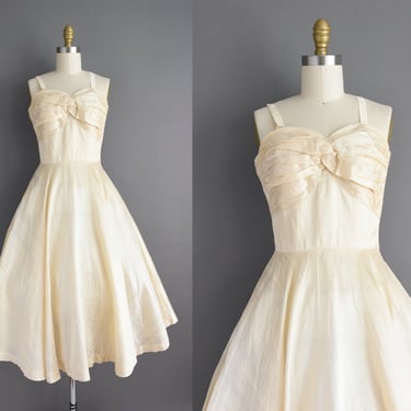 vintage 1950s Champagne Ivory Silk Bridesmaid Full Skirt Wedding Dress | XS Small 