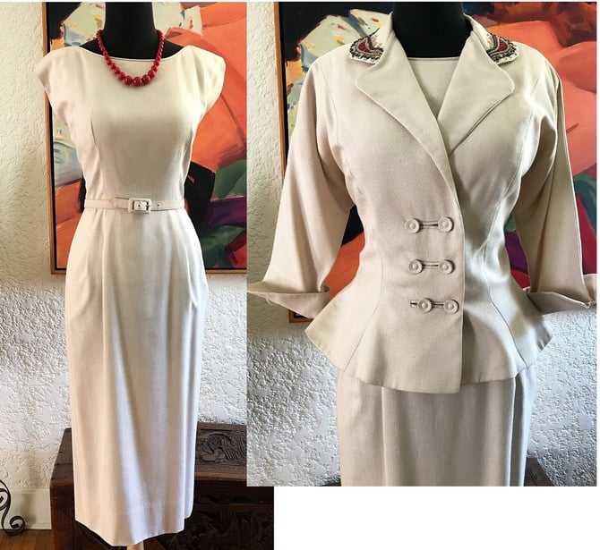 Chic 1950's Linen Summer Suit/Dress by " Kramer Original" with lovely beaded collar and fitted jacket  Size Medium 