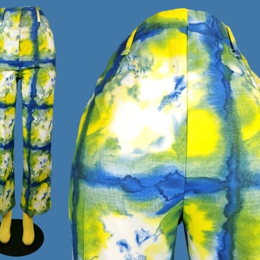 Deadstock 60s mod pants. Tie-dye print in blue, yellow, green, big loops, straight leg. Thoughful artful design. Beautiful fabric. (28) 