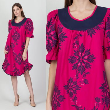 Vintage Carol Bennett Hawaiian Muumuu Puff Sleeve Dress - Large | 80s Pink Blue Floral Boho Midi Dress 