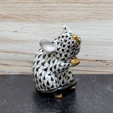 Herend Mouse Porcelain Figurine - Black Fishnet - Hungarian Pottery 