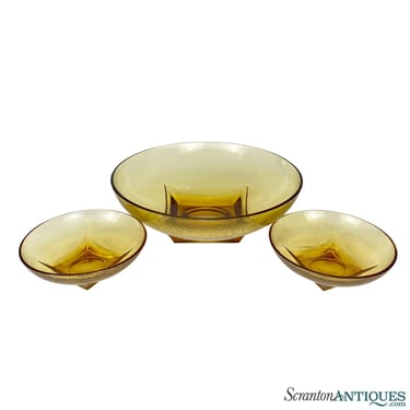 Mid-Century Amber Ripple Art Glass Serving Pedestal Bowls - Set of 3
