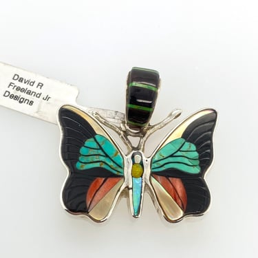 David R Freeland Jr Artisan Multi Stone Inlay Butterfly Pendant Sterling Silver Turquoise Onyx 