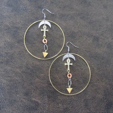Large brass ankh hoop earrings 