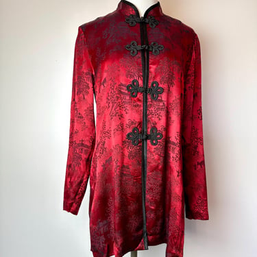 Vintage 90’s cheongsam blouse~ deep red with black~ frog closures mandarin collar shiny satin rayon ~ longer side slits slinky feel/ Size M 