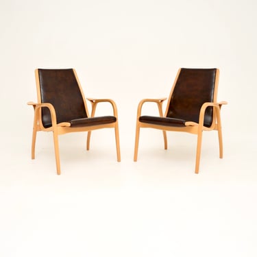 Pair of Vintage Swedish Leather Lamino Armchairs by Yngve Ekstrom