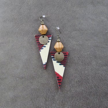 African print Ankara earrings, triangle batik earrings, red 