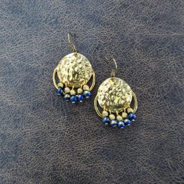 Chandelier earrings, hammered gold and blue stone 