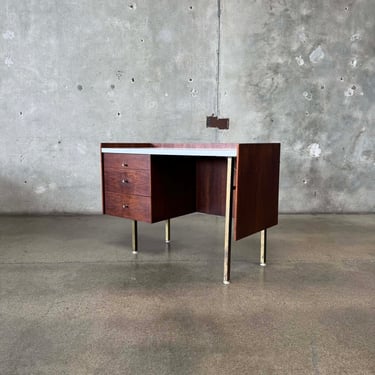 Mid Century Modern Desk In Brass, Walnut, & White Laminate Top