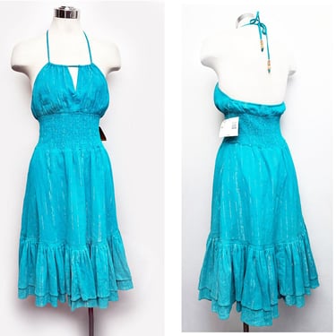 W/tags Vintage Halter Peasant Dress 1980s Route 66 Blue Teal Halter Sun Dress Hippie Boho Beads 