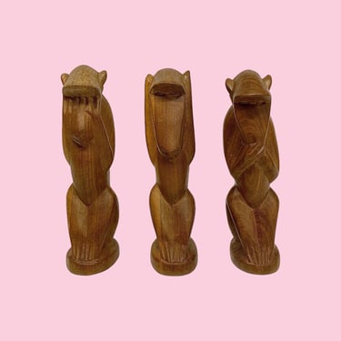 Vintage Monkey Figurines Retro 1990s African + See No Evil, Hear No Evil, Speak No Evil + Hand Carved + Wood + Set of 3 + Home Decor 