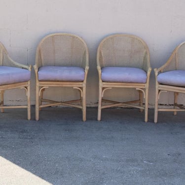 Four 4 Authentic Marked McGuire Cane Rattan Rawhide Stick Deck Barrel Back Chair 