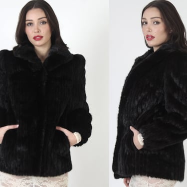 Black Mink Waist Coat, Corded Genuine Mahogany Jacket, Short Shawl Roll Fur Back Collar 