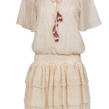 Rebecca Minkoff - Cream Floral Print Smocked Waist Dress w/ Tassels Sz S