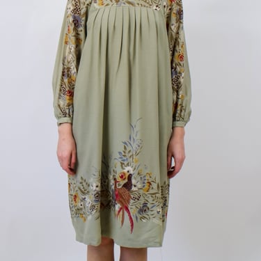 1970s Lightweight Green Bird Print Tent Dress