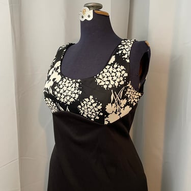 1960s black and white Floral maxi dress Empire Waist Summer Goth M 