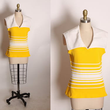 1970s Yellow and White Striped Sleeveless Sailor Collar Blouse by Act III -L 